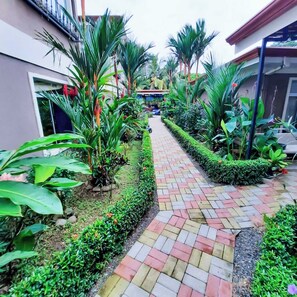 A pathway lined with lush greenery and a variety of plants, leading to a building with a visible entrance.