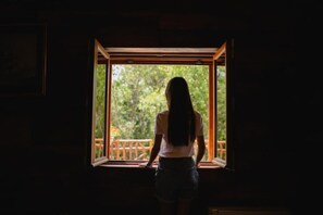 Ένα άτομο στέκεται μπροστά σε ένα παράθυρο, από το οποίο φαίνεται η θέα με το πράσινο τοπίο έξω.
