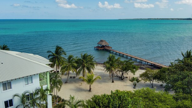 A beach with a wooden pier extending into turquoise waters, surrounded by palm trees and a building with a green facade. - Marazul Belize (Placencia)