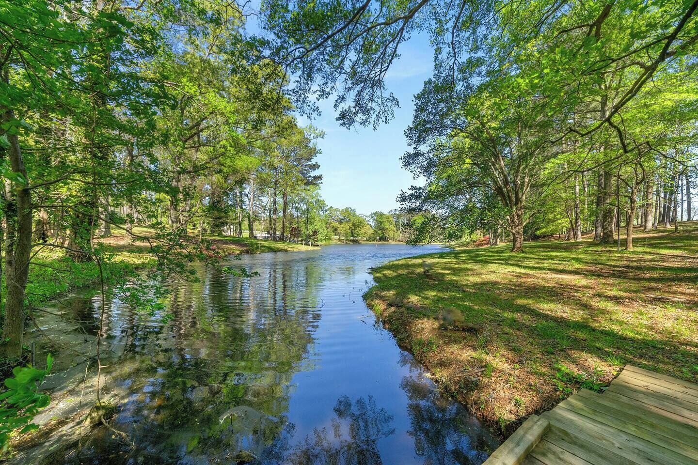 Un sentier paisible longeant la rivière, agrémenté d’une promenade en bois, et bordé d’une végétation luxuriante et d’arbres.