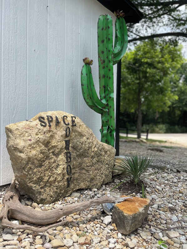 A rock with "SPICE" carved on it, a cactus, and a small plant in a gravel area. - SPACE COWBOY cabin/studio (Whitney)