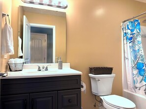 Shower, hair dryer, towels, toilet paper