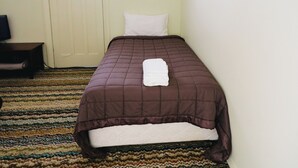 Un lit bien fait, avec une couverture marron et des oreillers blancs, un téléviseur posé sur un meuble en bois, et un tapis à motifs.
