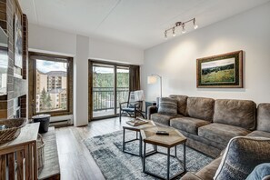 Smart TV, fireplace, books