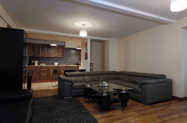 Leilighet, kjøkken, hageutsikt | Oppholdsområde | Flatskjerm-TV