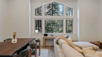 Smart TV, fireplace, books, stereo