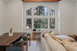 Smart TV, fireplace, books, stereo