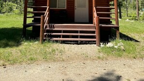 Una cabaña de madera con techo verde, una puerta principal y un pequeño porche con escalones que suben a él.