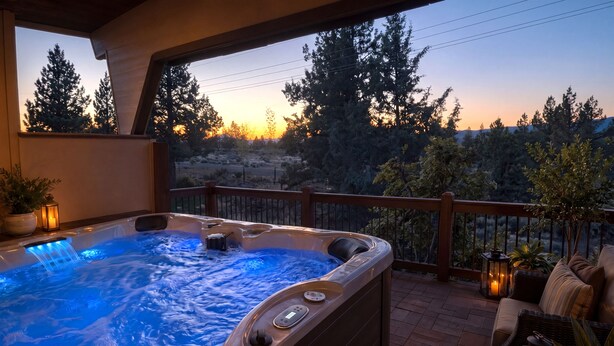 Un bain à remous avec vue sur les arbres et le coucher du soleil.