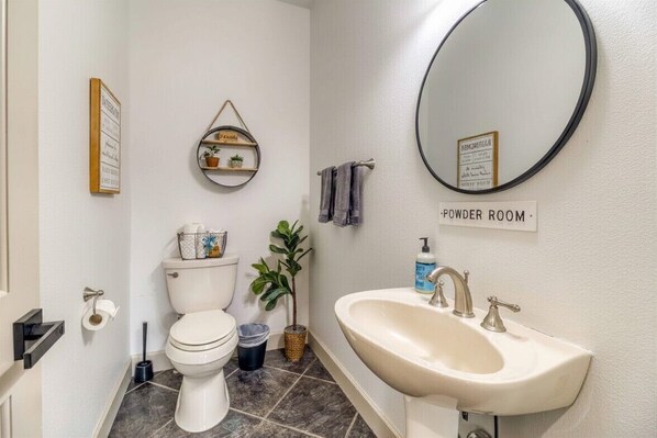 Baño con inodoro, lavabo, espejo y estante con plantas.