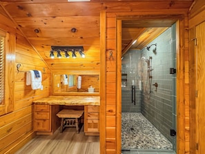 Shower, towels - Modern Log Cabin: Pet Friendly + Hot Tub (McHenry)
