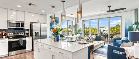 Fridge, microwave, oven, stovetop