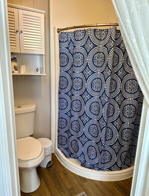 Regadera, jabón, shampoo, papel de baño
