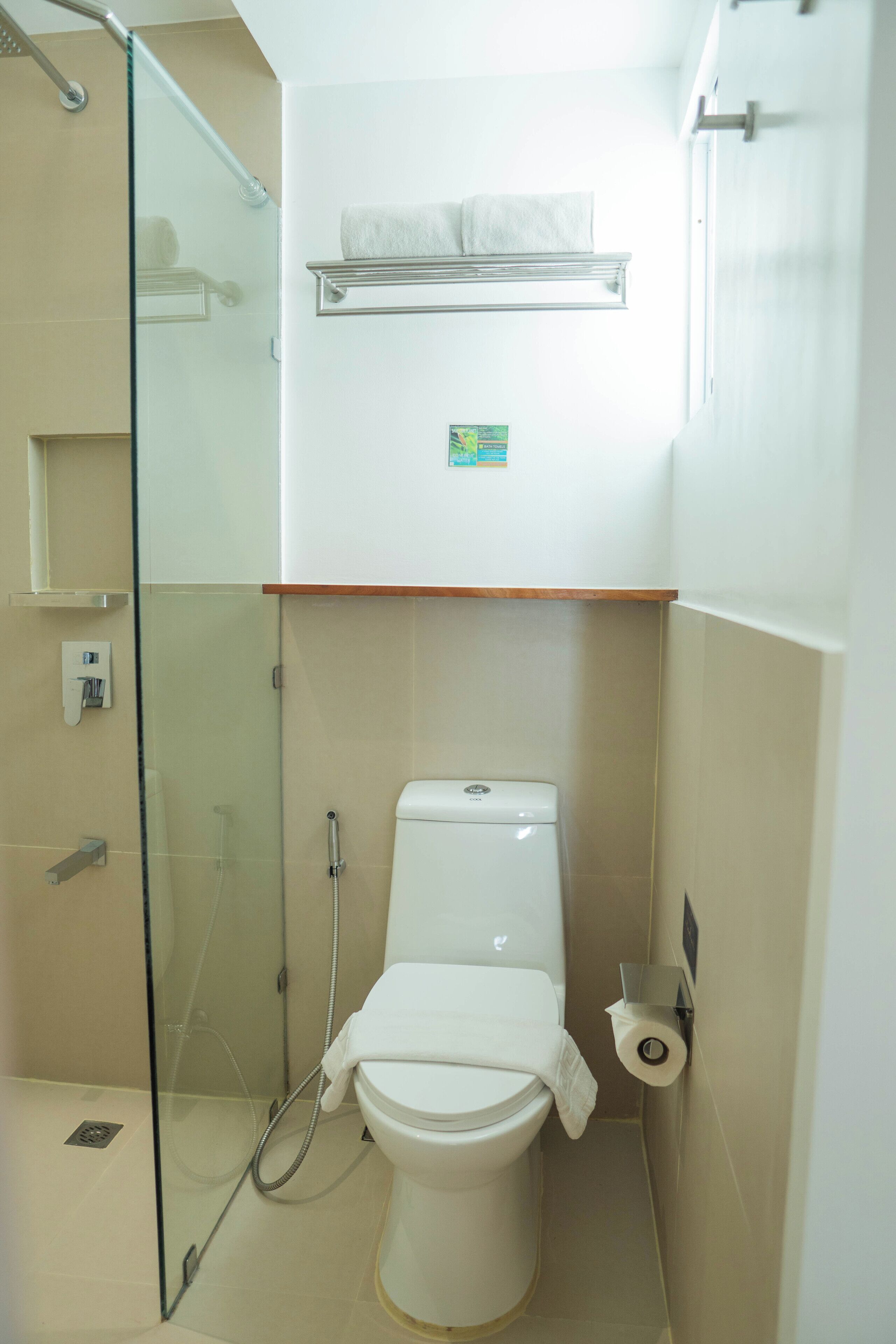 Een kleine badkamer met een douche met glazen wand, een toilet en een handdoekhouder.