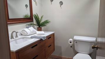 Kabin Deluks, 1 Tempat Tidur King dengan tempat tidur Sofa, dapur, tepi gunung | Kamar mandi | Pengering rambut, handuk, sabun, dan sampo