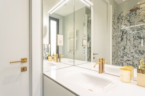 Shower, hair dryer, bidet, towels
