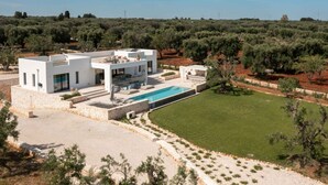En moderne villa med swimmingpool, stenvægge og udsigt til oliventræer.