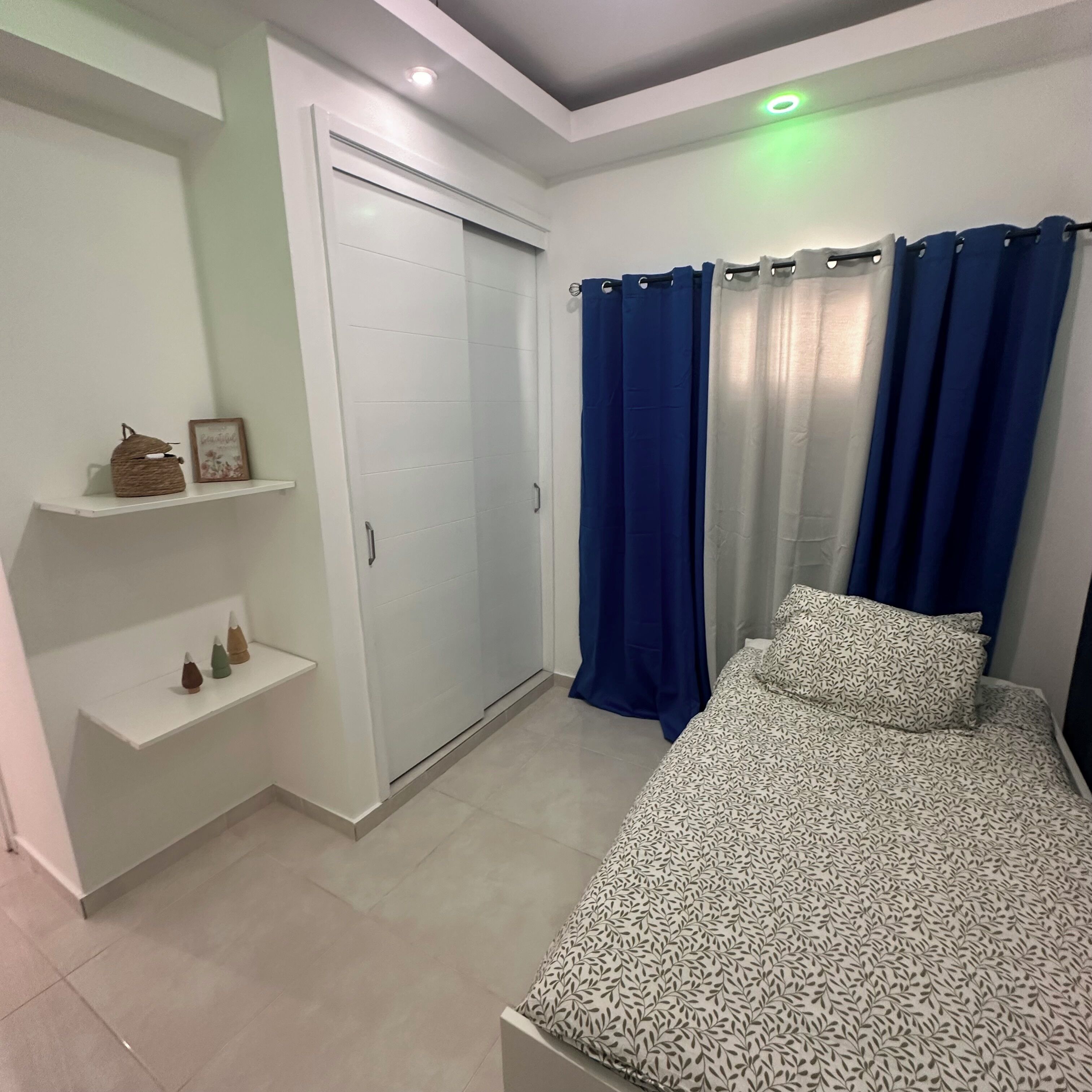 A bedroom with a bed, a wardrobe, a shelf with decorative items, and a shower area.