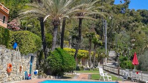 A swimming pool surrounded by palm trees and greenery, with a stone wall and a lifeguard chair visible. - Beautiful apartment for 4 guests with WIFI, pool, TV, terrace and panoramic view (Ventimiglia)