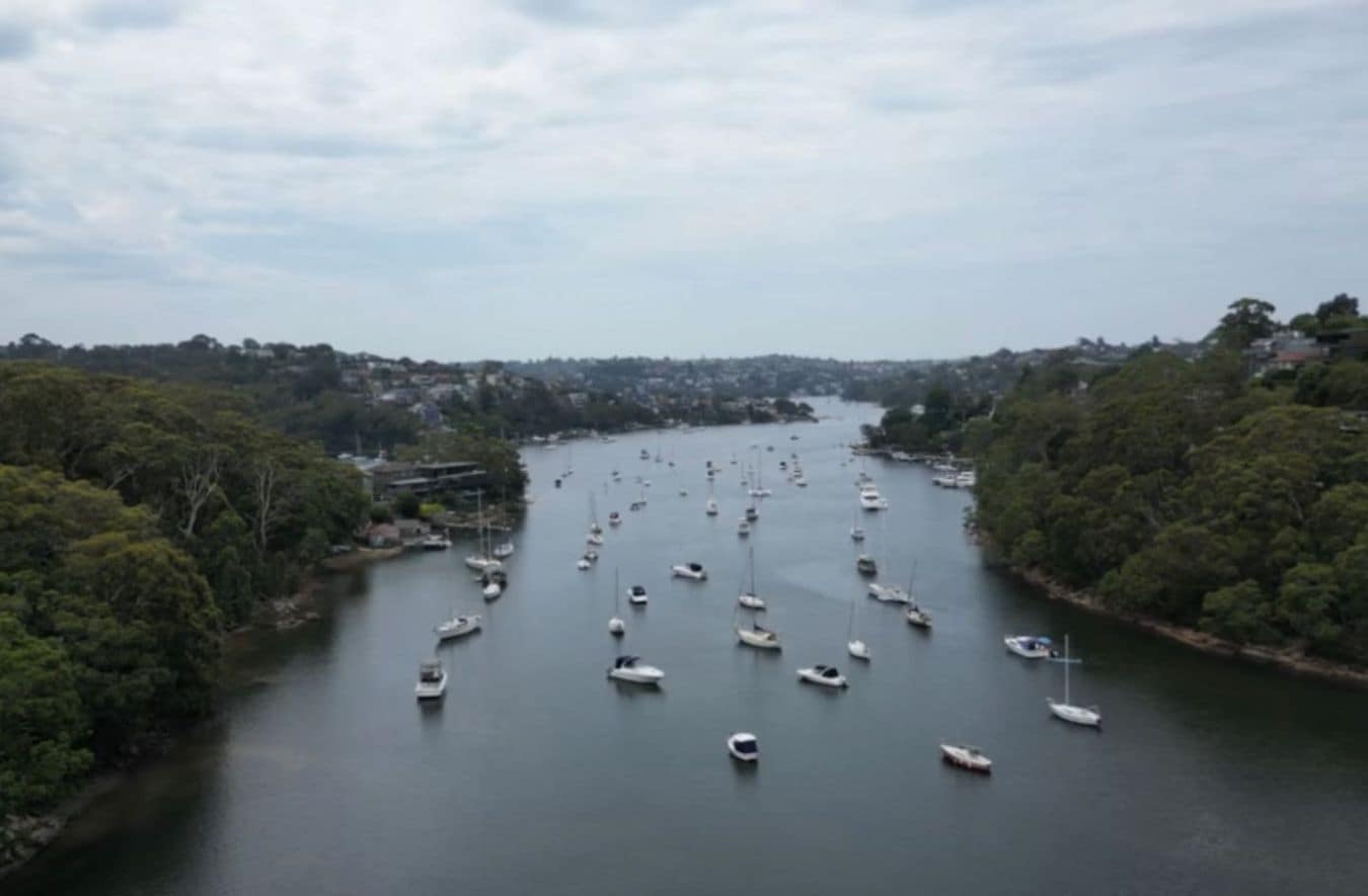 A river with numerous boats anchored along its banks, surrounded by dense greenery and a distant town.