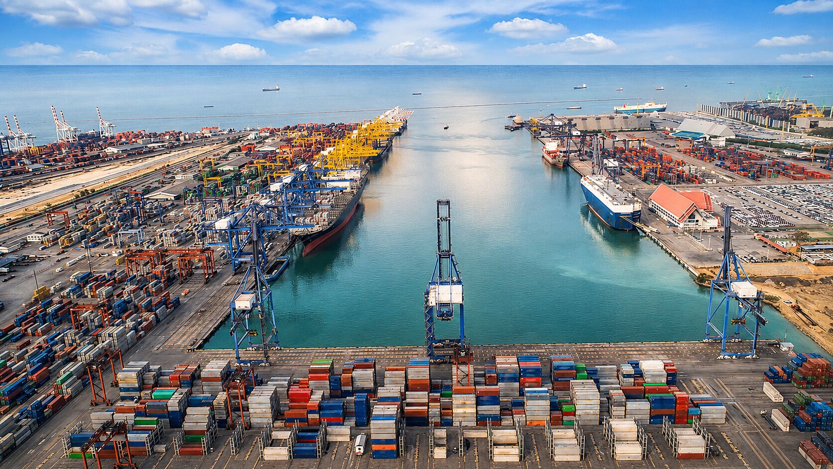A large port with multiple cranes and shipping containers.
