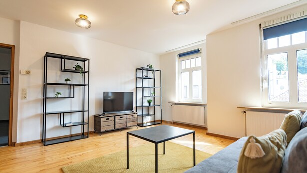 Una sala de estar moderna con un sofá, un televisor y dos estanterías negras con plantas.
