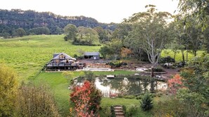 Una casa grande con un estanque al frente, rodeada de un paisaje verde exuberante y árboles.