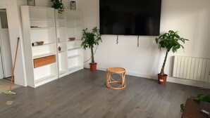 Ein Zimmer mit einer weißen Regalkonstruktion, einem Flachbildfernseher, zwei Blumentöpfen, einem Korbstuhl und einem Besen.