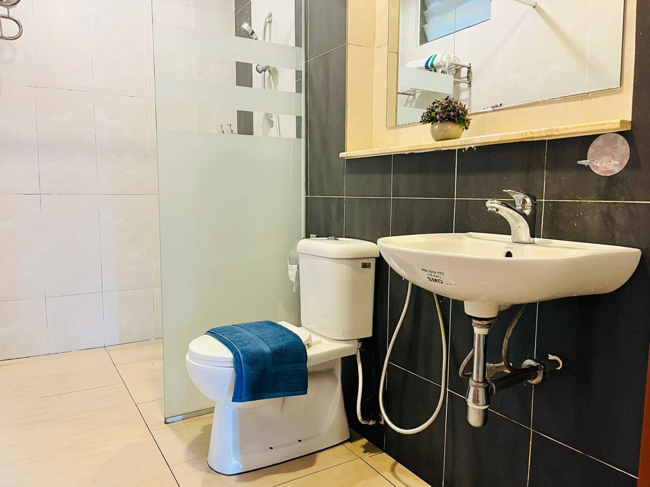 Une salle de bain moderne équipée de toilettes, d’un lavabo et d’une douche.