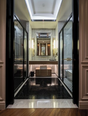 Rainfall showerhead, hair dryer, bathrobes, slippers