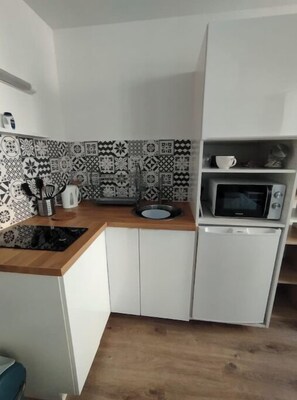 Fridge, microwave, stovetop, coffee/tea maker