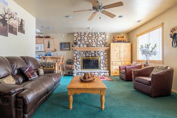 Smart TV, fireplace, DVD player, foosball