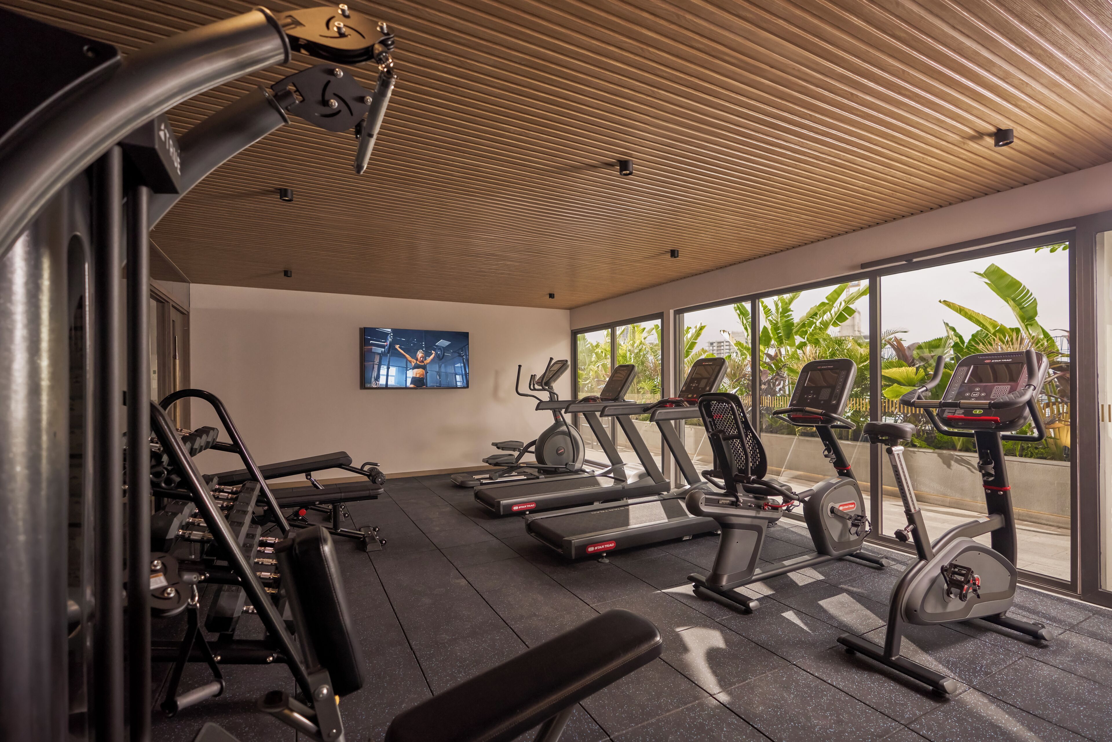 A gym with treadmills, a bench, and weight machines.