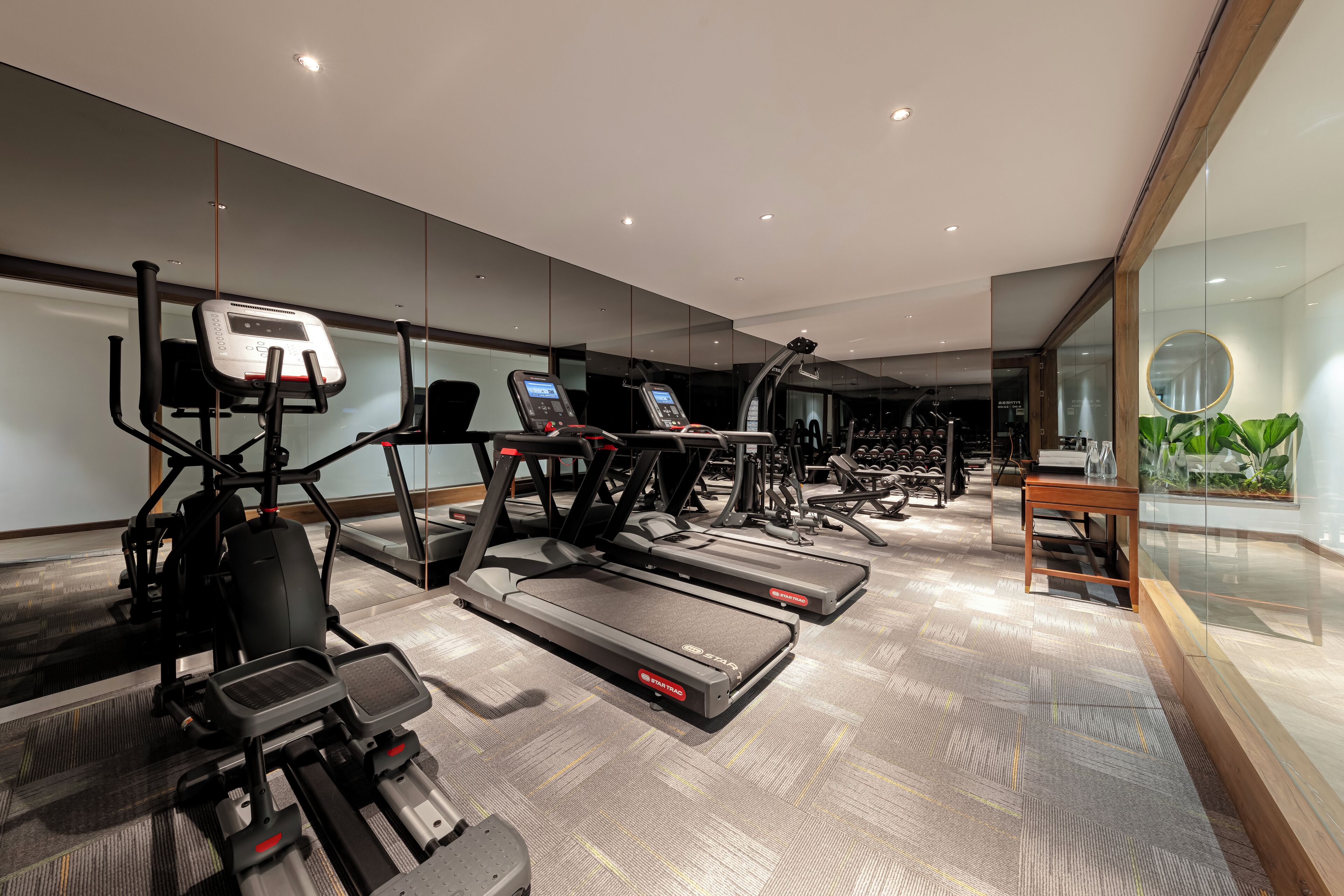 A modern gym with treadmills, elliptical machines, and weight equipment.