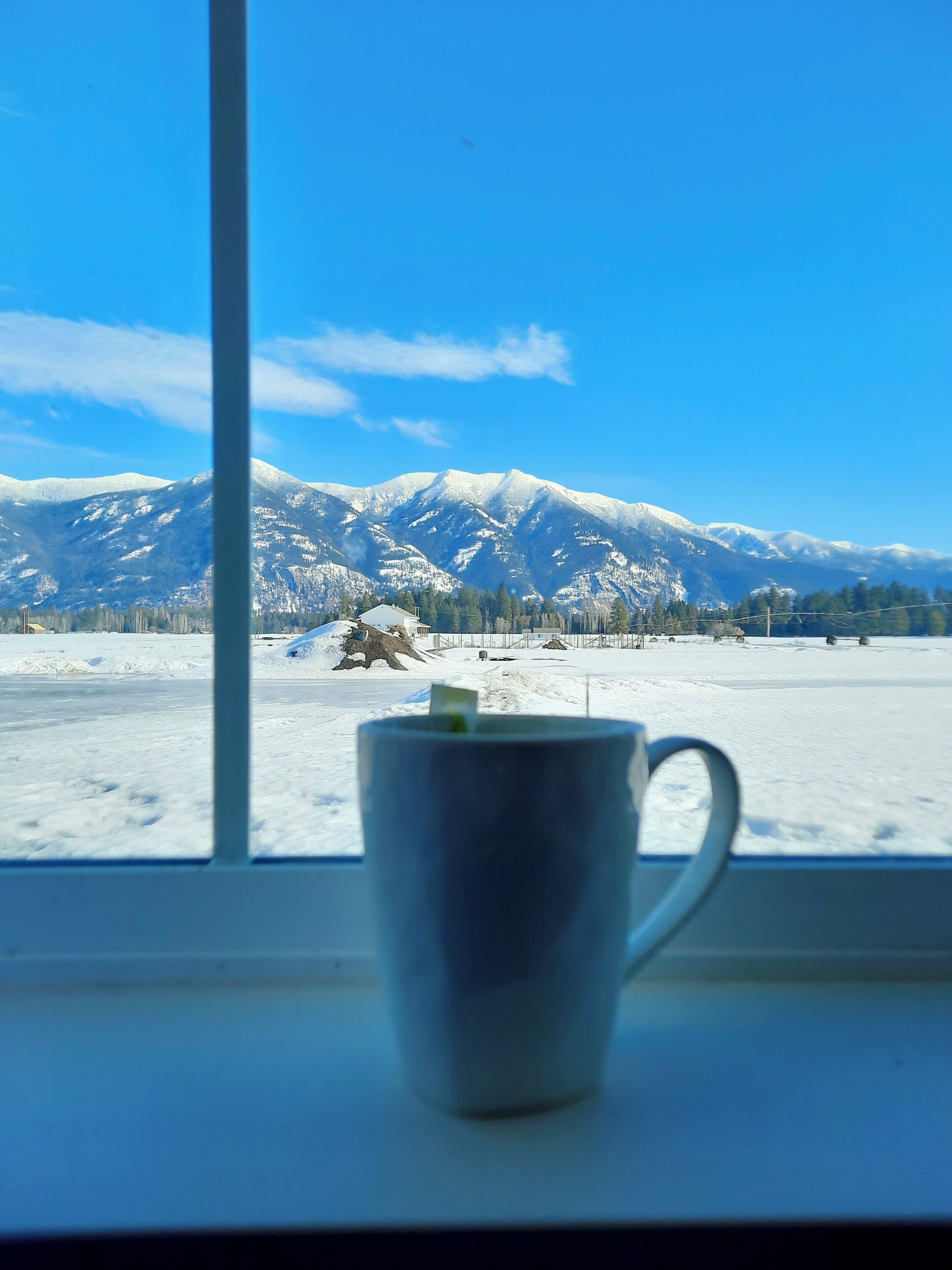 A mug on a windowsill with a snowy mountain landscape in the background.