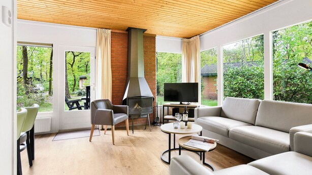 A modern living room with a fireplace, a sofa, a TV, and large windows offering a view of the outdoors. - Detached bungalow for 6 persons (Putten)