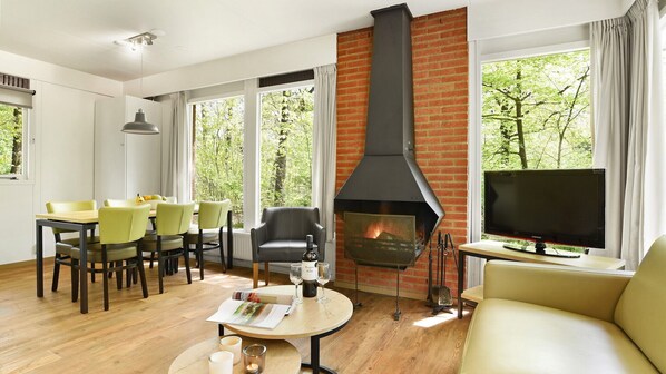 Een televisie en een open haard