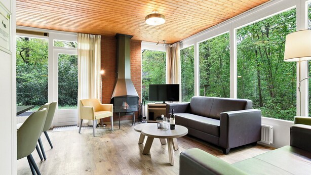 A cozy living room with a fireplace, a sofa, a TV, and a dining area with chairs.