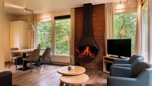 A modern living room with a fireplace, a dining area, and a TV. - Comfortable bungalow for 4 persons (Putten)