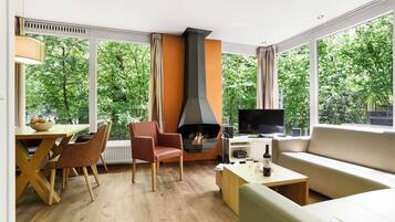 Een televisie en een open haard