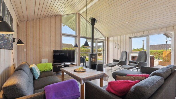 A modern living room with a TV, sofa, and table, wooden walls, and large windows. - Activity house - Flovt Strand, Haderslev (Haderslev)