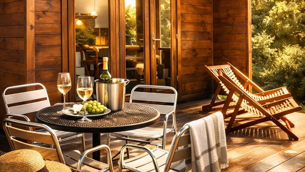 Eine Holzhütte mit einer Terrasse, Sitzgelegenheiten im Freien und einem für zwei Personen gedeckten Tisch mit Weingläsern und einer Weinflasche.