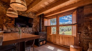 Ein rustikales Blockhaus-Interieur mit Steinwand, Holzbalkendecke, einem an der Wand montierten Fernseher, einem Kamin und einem großen Fenster mit vielen Glasscheiben.