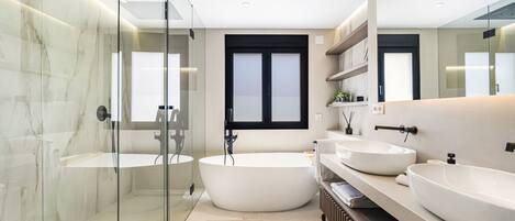 Shower, hair dryer, towels
