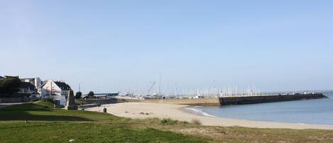 A coastal area with a sandy beach, grassy areas, and a pier with boats.