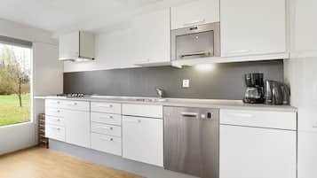 Fridge, stovetop, dishwasher, coffee/tea maker