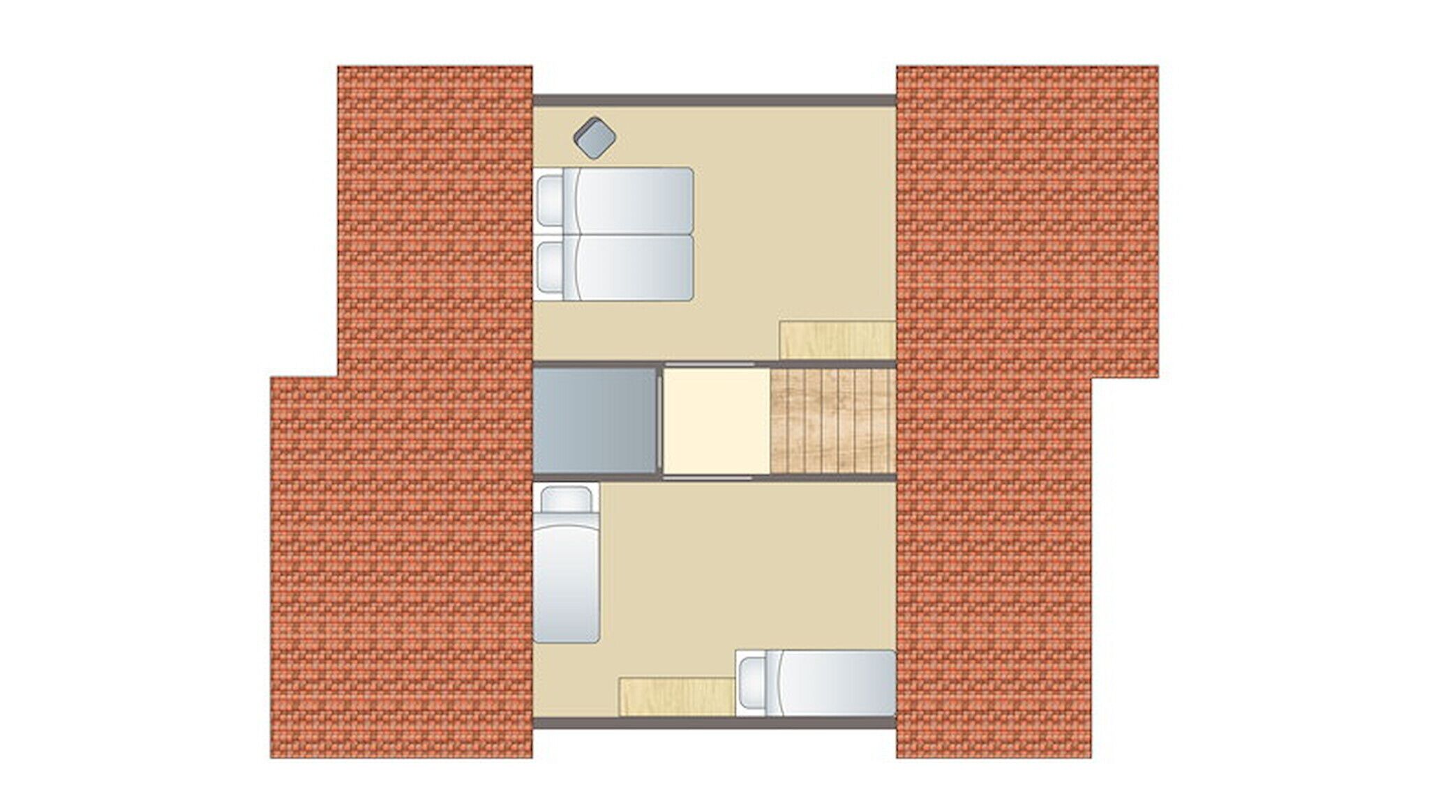 Un plan d’étage d’une chambre d’hôtel comprenant un lit, un bureau, une chaise, une armoire et une petite salle de bain.