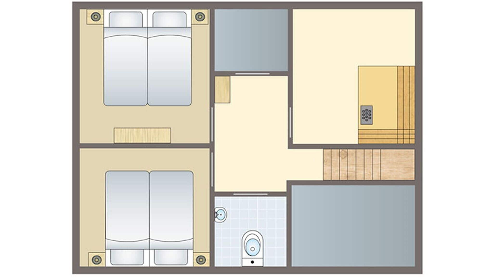 Plano de planta que muestra dos dormitorios, un baño, una cocina y una sala de estar.