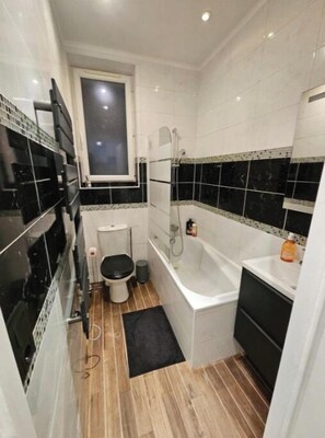 Hair dryer, towels, soap, shampoo