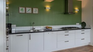 A modern kitchen with white cabinets, a black countertop, a stainless steel sink, and a gas stove. There are three framed botanical illustrations on the wall above the countertop. - Bungalow Wellness 14 (Vlagtwedde)
